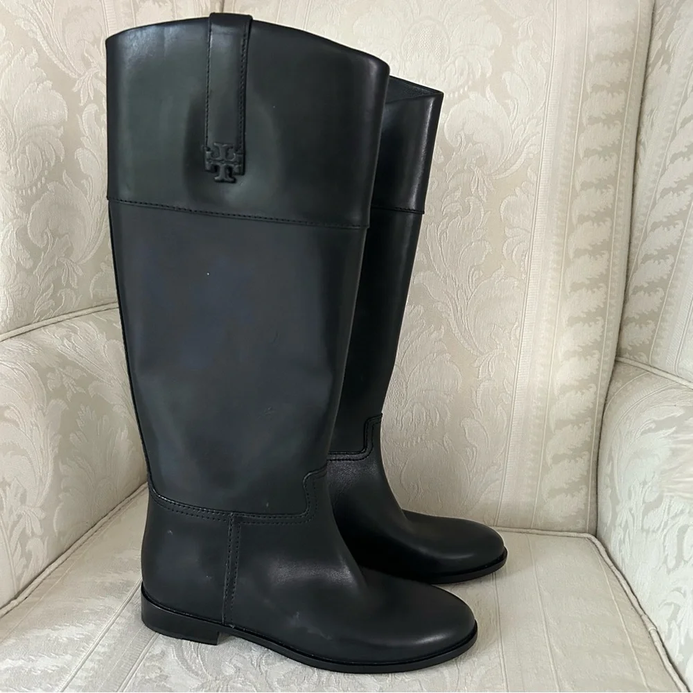 Tory Burch double T logo leather riding tall boots women size 7